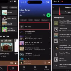 Ekran aplikacji Spotify z listą utworów i przyciskiem "Dodaj utwory".