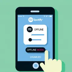 Dłoń dotyka przycisku "OFFLINE MODE" na ekranie telefonu z aplikacją Spotify w trybie offline.
