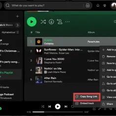 Ekran Spotify z menu kontekstowym otwartym na opcji "Kopiuj link do utworu".